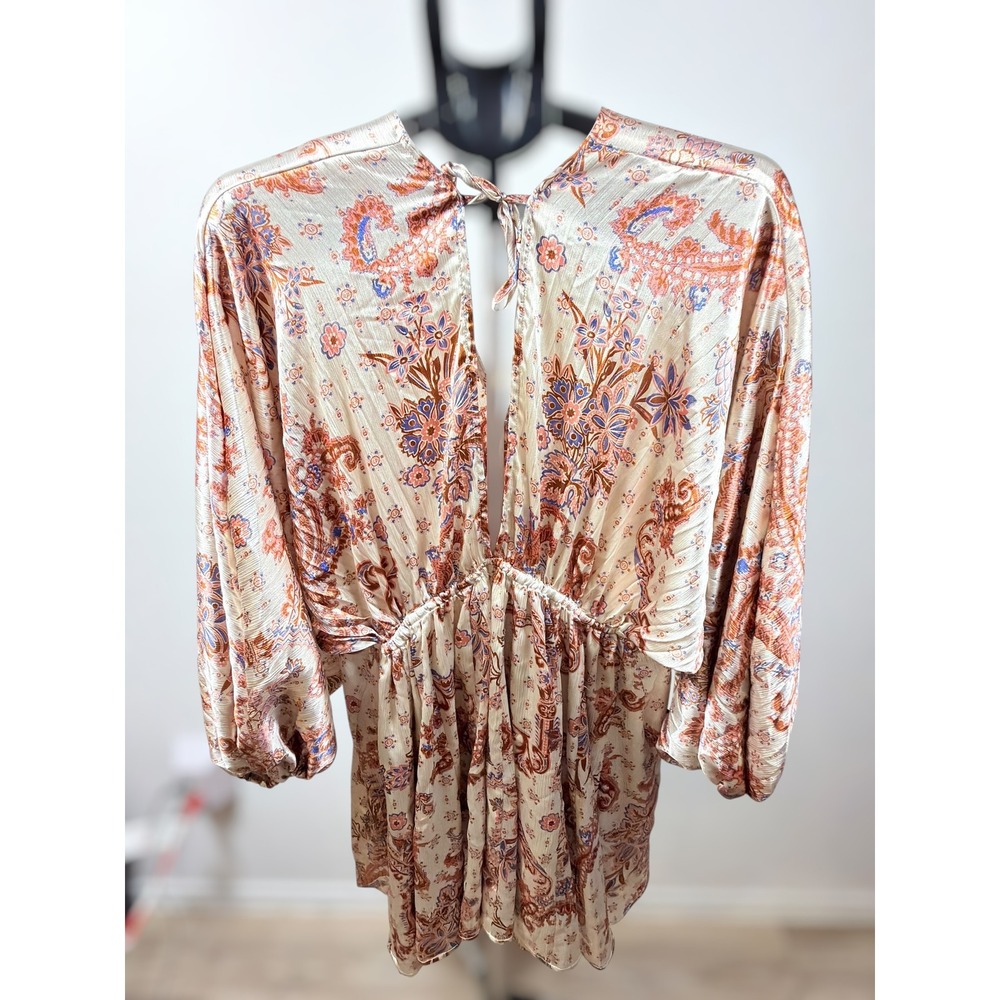 Free People Paisley Arzel Printed Mini Dress Mini Deep V Balloon Sleeve Small